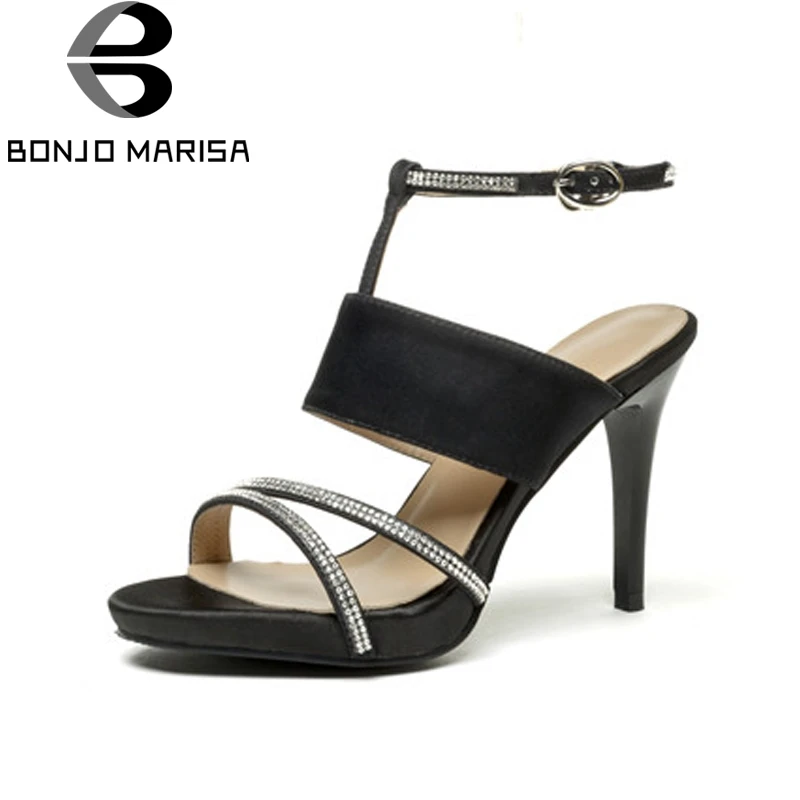 

BONJOMARISA Brand Spike High Heels Ankle Strap Solid Crystal Platform Shoes Woman Casual Summer Sandals Black Big Size 33-40
