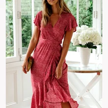 Сексуальные летние женские платья с оборками, красное платье макси в горошек с коротким рукавом и v-образным вырезом, асимметричное пляжное платье в стиле бохо для женщин