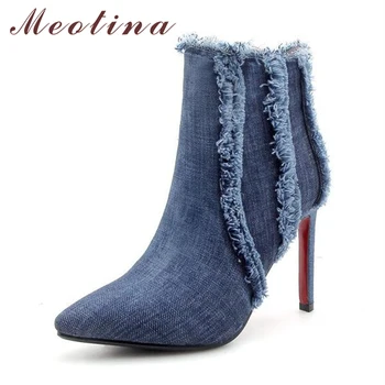 

Meotina 2018 Ankle Boots Women Boots Ladies Denim Thin High Heel Boots Tassel High Heels Pointed Toe Shoes Blue Black 33-43