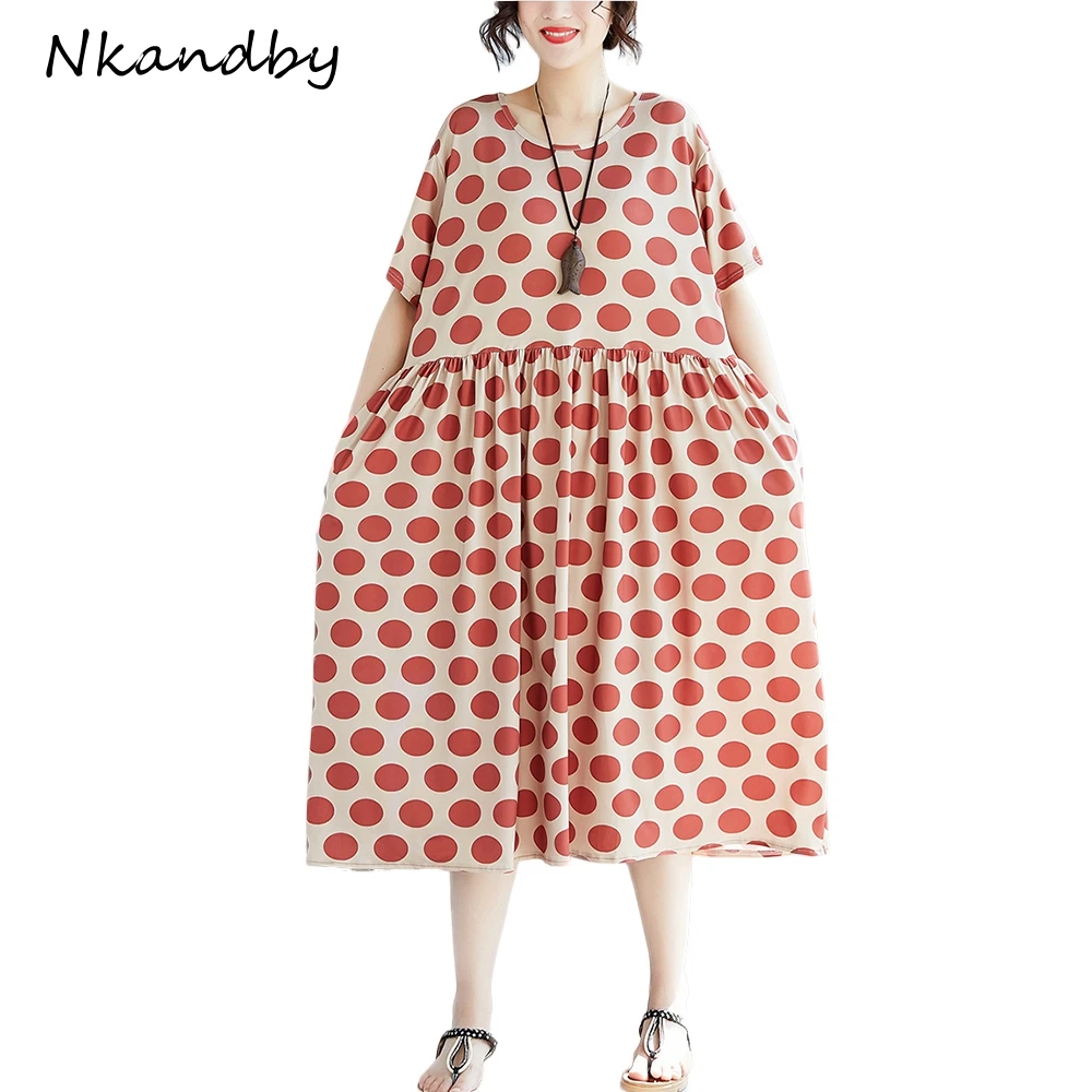 Nkandby Women Plus size Kawaii Dress A line Loose Pleated Dot Femme