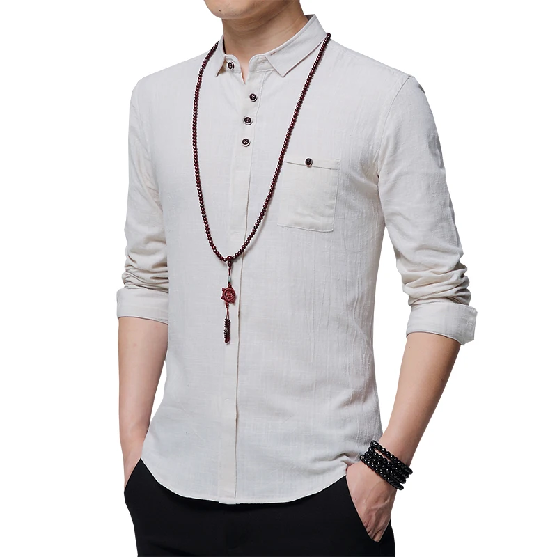 LEFT ROM Male Summer senior Flax Pure color lattice Long sleeves shirt