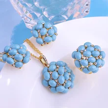 Lujoso Dubai Sistemas de la Joyería Turquesa Collar y Aretes y Anillo de Cristal Plateado del Oro Aros Aretes Bijoux Joyería Del Banquete de Boda
