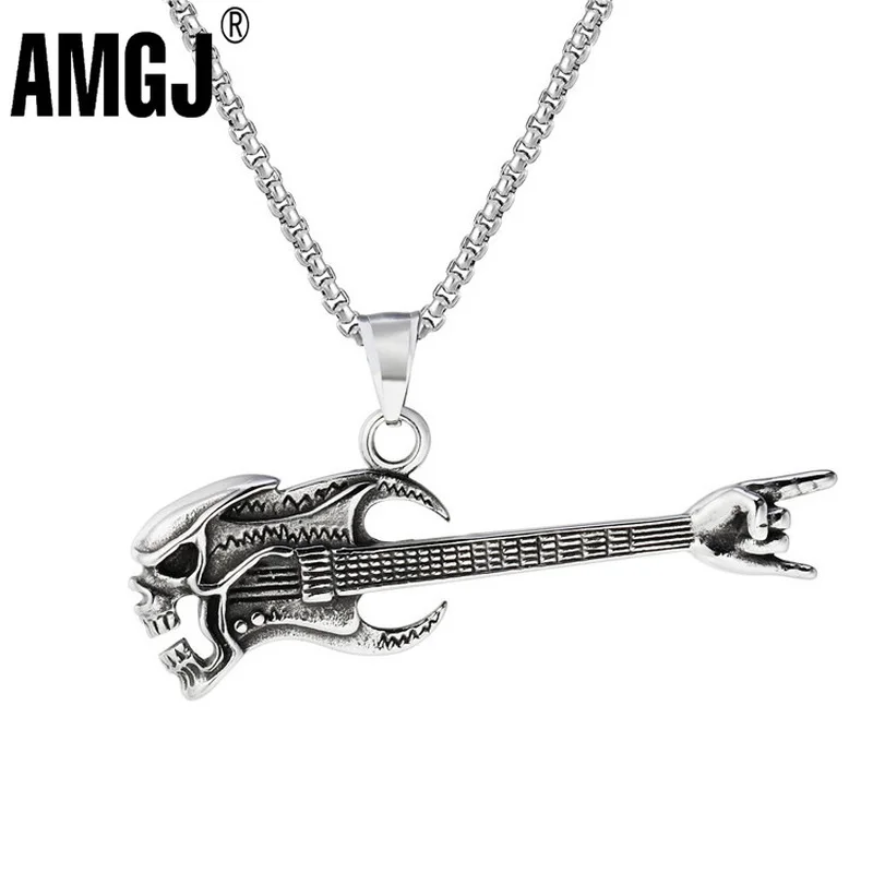 

AMGJ Guitar Pendant Necklace Men Hip Hop Rock Stainless Steel One Piece Skull Brook Guitar Pendant Necklace Jewelry