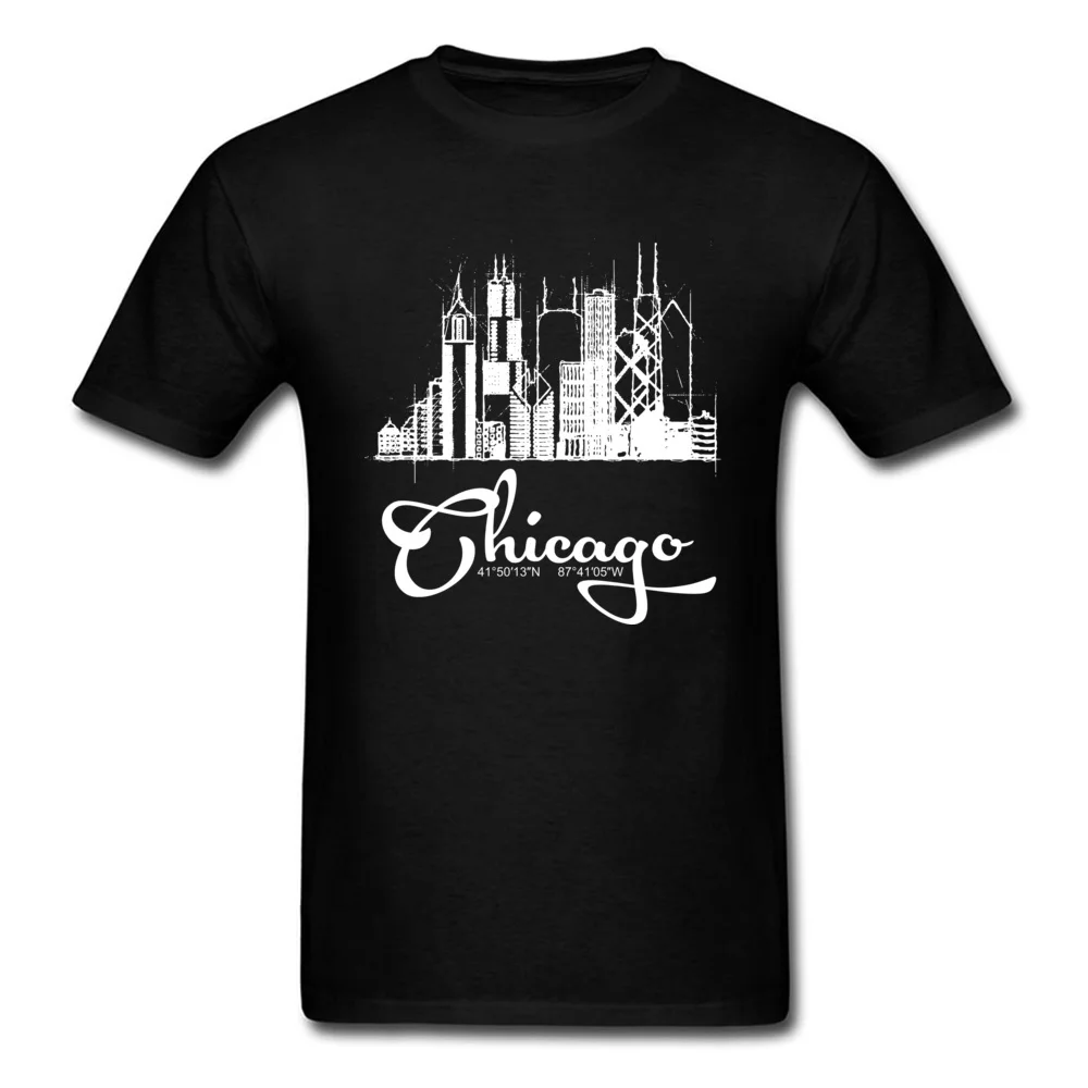 Design Pure Cotton Male Short Sleeve Tops Shirt Summer Summer/Autumn Top T-shirts Printed On Tee-Shirt Family Crewneck Chicago skyline sketch and GPS coordinates tee black