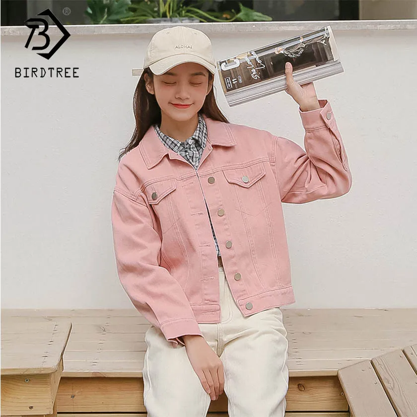 

Women Solid Jeans Denim Jacket Short Pink Single Breasted Turn Down Collar Pockets Long Sleeve Loose Coat Casual C91324J