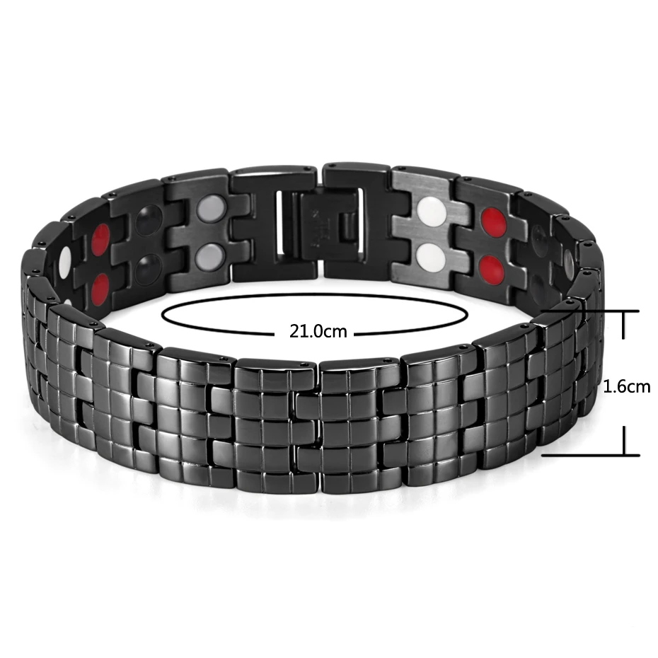 Rainso Stainless Steel Bracelet For Men Double Row 4 Elements Energy Power Magnetic Bracelet Black Polished