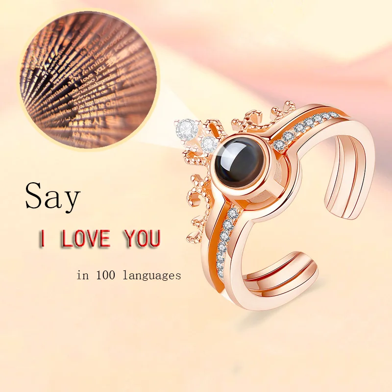 

100 Languages I Love You Crown Rings for Women Crystal Engagement Open Couple Silver Gold Rings Female Wedding Romantic Jewelry