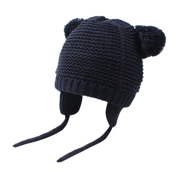 

Spring Warm Baby Beanie Hat Ear Protect Baby Beanie With Pompom Velvet Lined Kids Hat For Girls Lace Up Earflap Knit Boys Hat