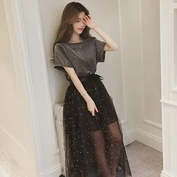 

2 Piece Set Women Elegant Short Sleeve O Neck Long T Shirt + Mesh Dress Suits Ladies Sweet Casual Sets H