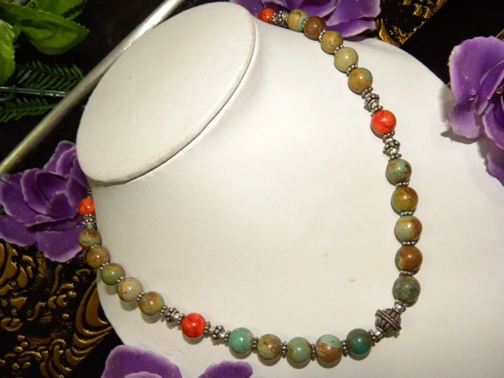 

1039 STERLING SILVER TIBETAN TURQUOISE CORAL VINTAGE NECKLACE