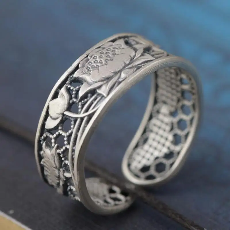 

Real 925 Sterling SIlver Rings Jewelry Lotus Phoenix Hollow Design Vintage Simple Beautiful And Unique Women Ring Resizable