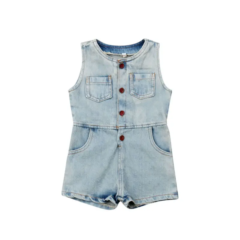 

Toddler Kids Baby Girls Denim Romper Sleeveless Single Breasted Blue Jumpsuit Playsuit Outfits