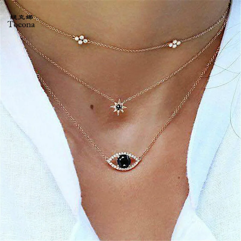 

Tocona Bohemian Star Eye Rhinestone Pendant Necklaces Chokers Multi Layer Gold Chain Necklace Collar for Women Jewelry 3333