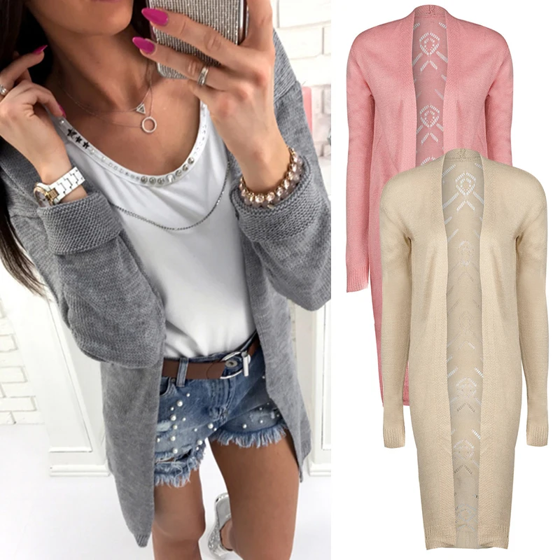 Womens Long Sleeve Knitted Sweater Lady Solid Loose Casual Holiday Cardigan Coat