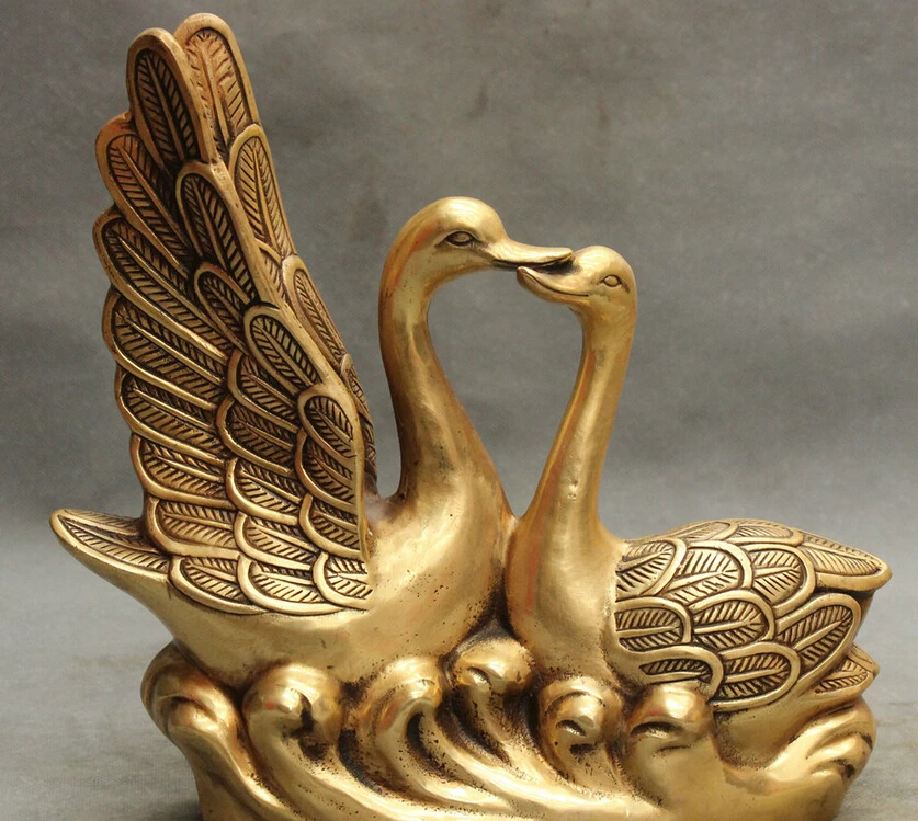 

fast shipping USPS to USA S1210 11" Lucky China Chinese Brass d Love Cygnus Duck Fly Swan Statue Sculpture