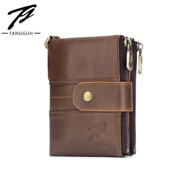 Genuine Leather Men Wallets Short Vintage Bifold Black Wallet Zipper & Hasp Coin Pocket Purse Cowhide Leather Wallets For Mens