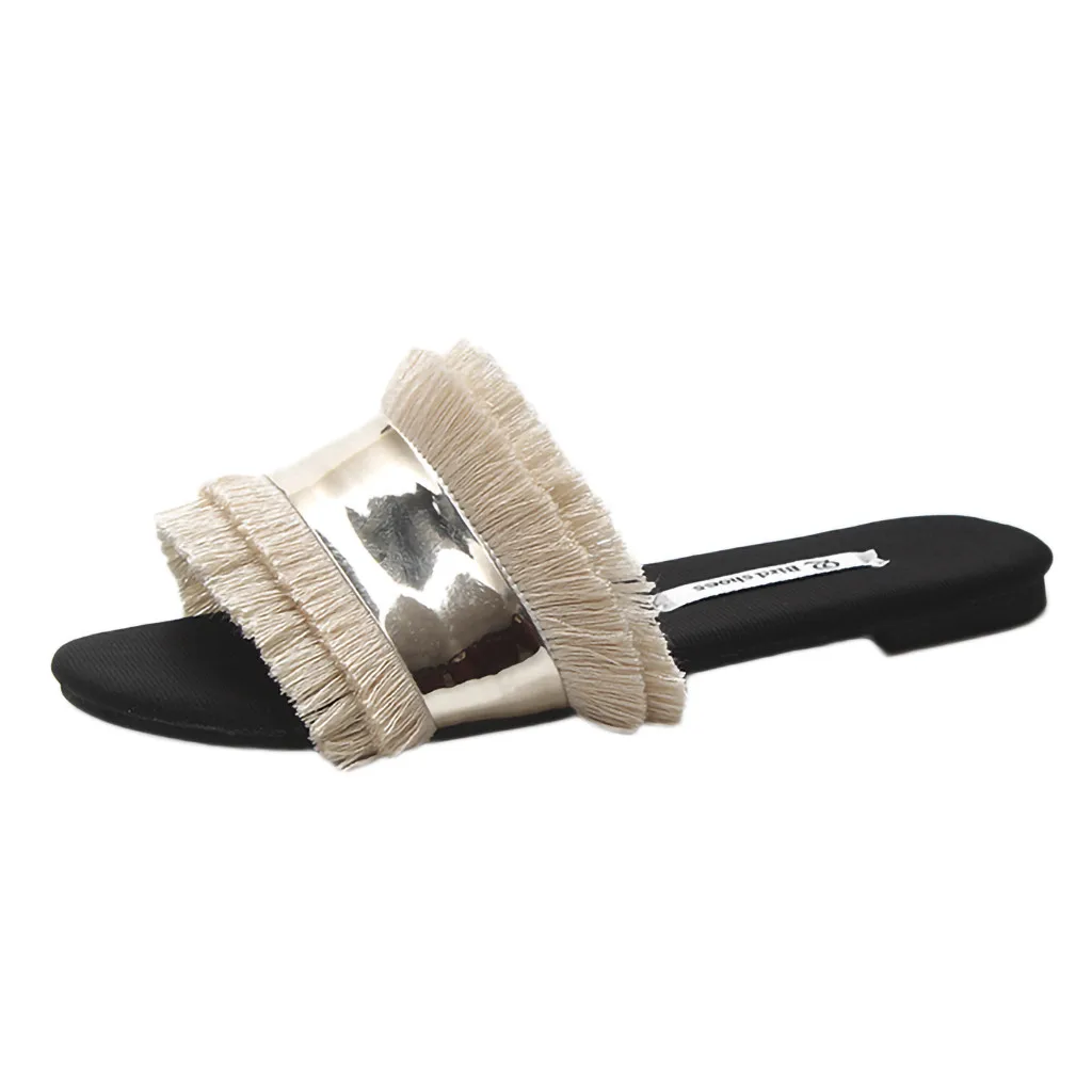 SAGACE; модная популярная Летняя женская обувь на плоской подошве; сандалии без застежки с бахромой; женская обувь; пляжные однотонные уличные тапочки с круглым носком - Цвет: Бежевый