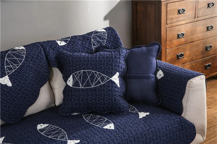 Современный простой Хлопковый чехол для дивана и диванных подушек вышивка маленькая рыба нескользящий чехол на диван полотенце четыре сезона универсальный
