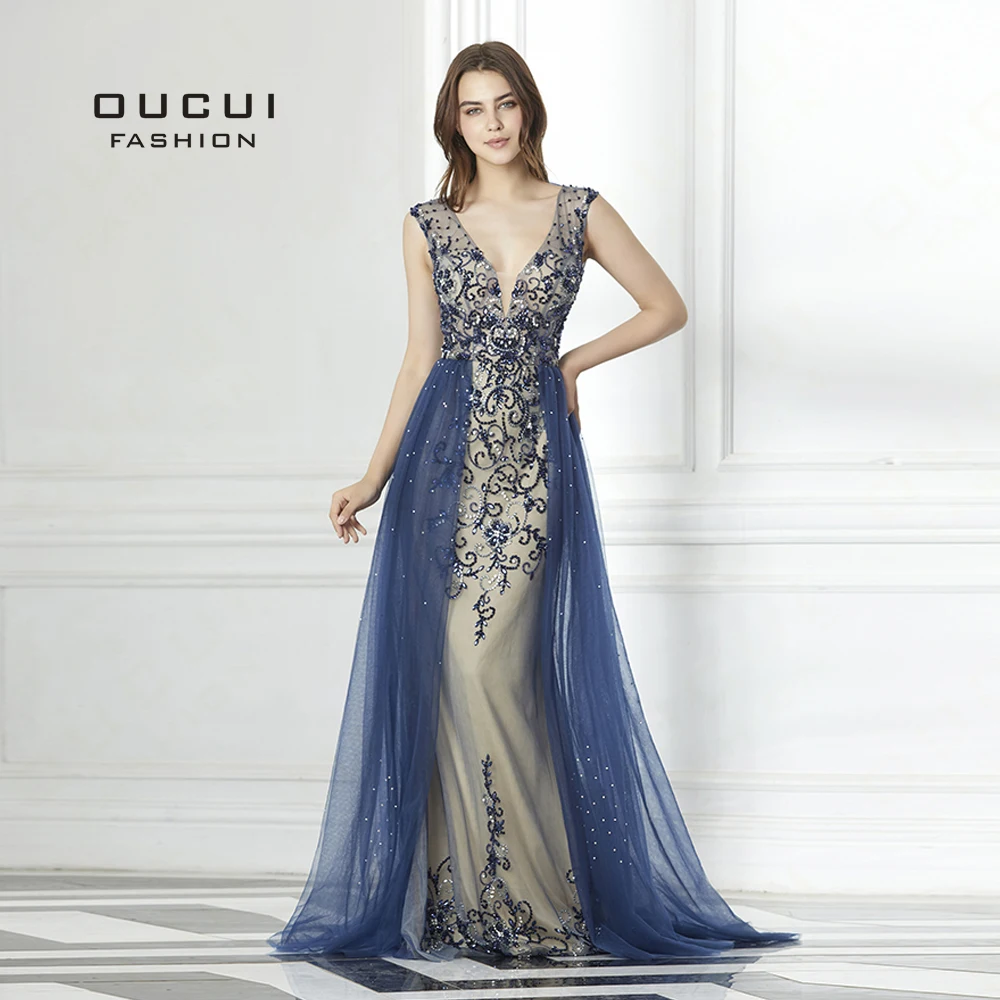 Hard Beading Navy Blue With Train Evening Dress Long Diamond Crystal Tulle Formal Abiye Vestido De Noche Real Photo OL103090 Hard Beading Navy Blue With Train Evening Dress Long Diamond Crystal Tulle Formal Abiye Vestido De Noche Real Photo OL103090