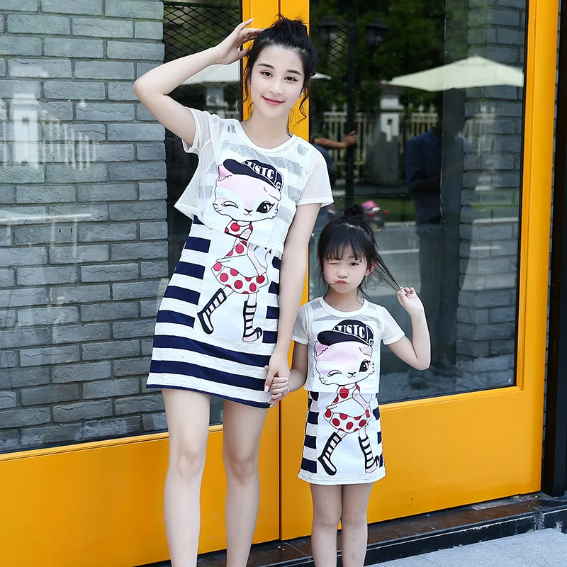 

Mother Daughter Dresses 2017 Summer False Two Pieces Fox Animal Pattern Family Look Set Mommy and Me Clothes Girls Vestidos