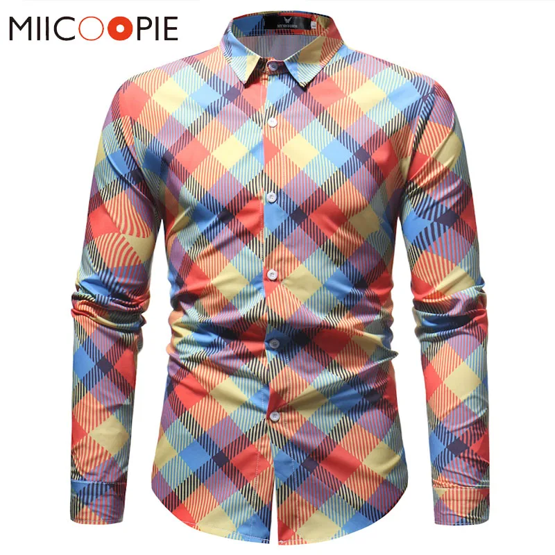 Shirt Men Long Sleeve Business Casual Shirts Colourful Plaid Printed Man Shirts Classic Dress Shirt Breathable Chemise Homme