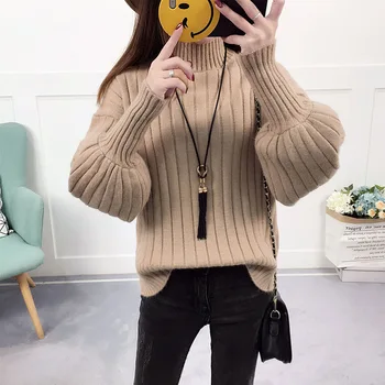 

women's clothing 2019 new arrival women's spring autumn stand collar lantern sleeve knitted sweaters women pullovers sweater