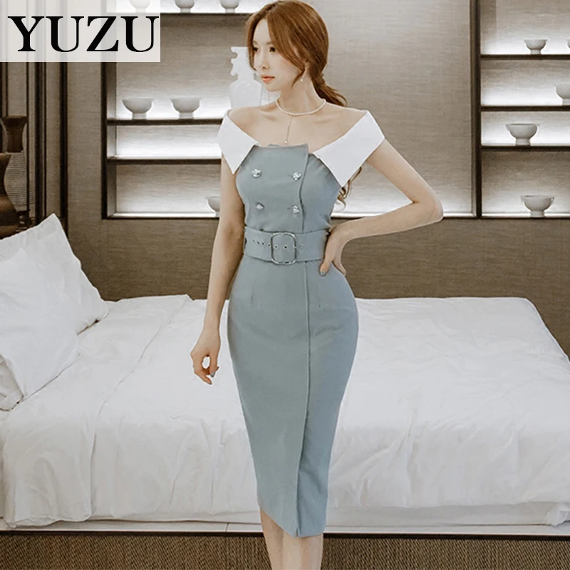 Off shoulder office belt font b dress b font women summer slash neck double breasted split
