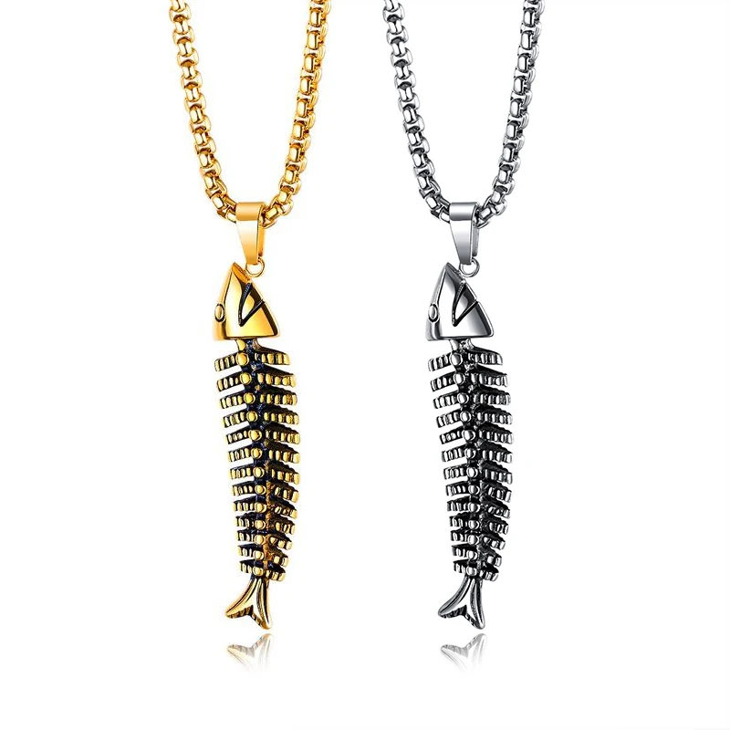 

OLOEY Vintage Titanium Steel Pendant Necklace Trendy Fishbone Men's Necklacs Casual Male Pendants Chain Jewelry Accessories