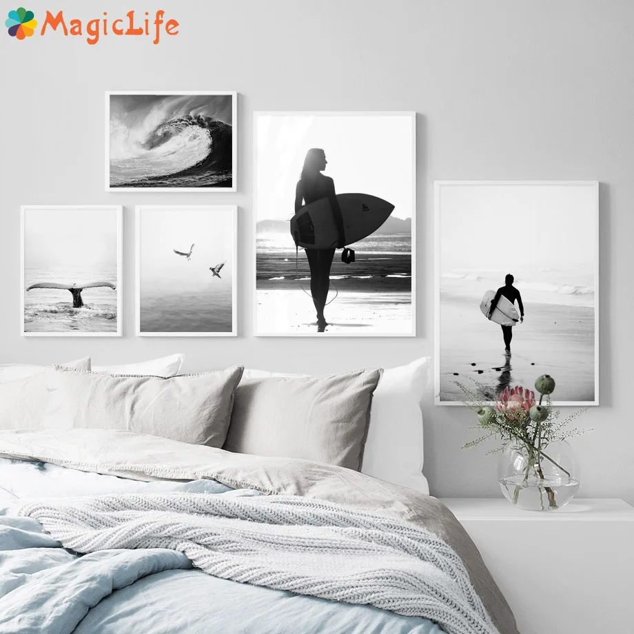 

Black White Girl Surfboard Beach Seagull Decor Wall Art Canvas Painting Nordic Posters For Living Room Decorative Unframed