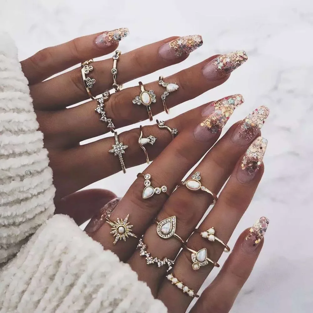 

Tocona Vintage Gold Color Star Drop Triangle Inlay Crystal Ring Sets For Women Charm Geometry Knuckle Midi Ring Anillos 7021