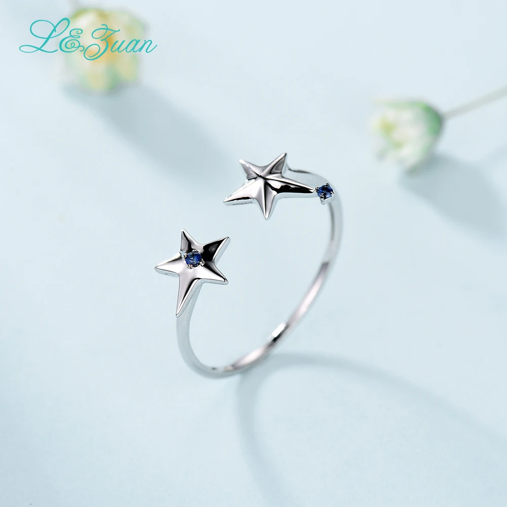 L&Zuan Double Star Sapphire Rings For Women 14K White Gold Natural Gemstone Simple Party Ring Wedding Bands Fine Jewelry 0015-1