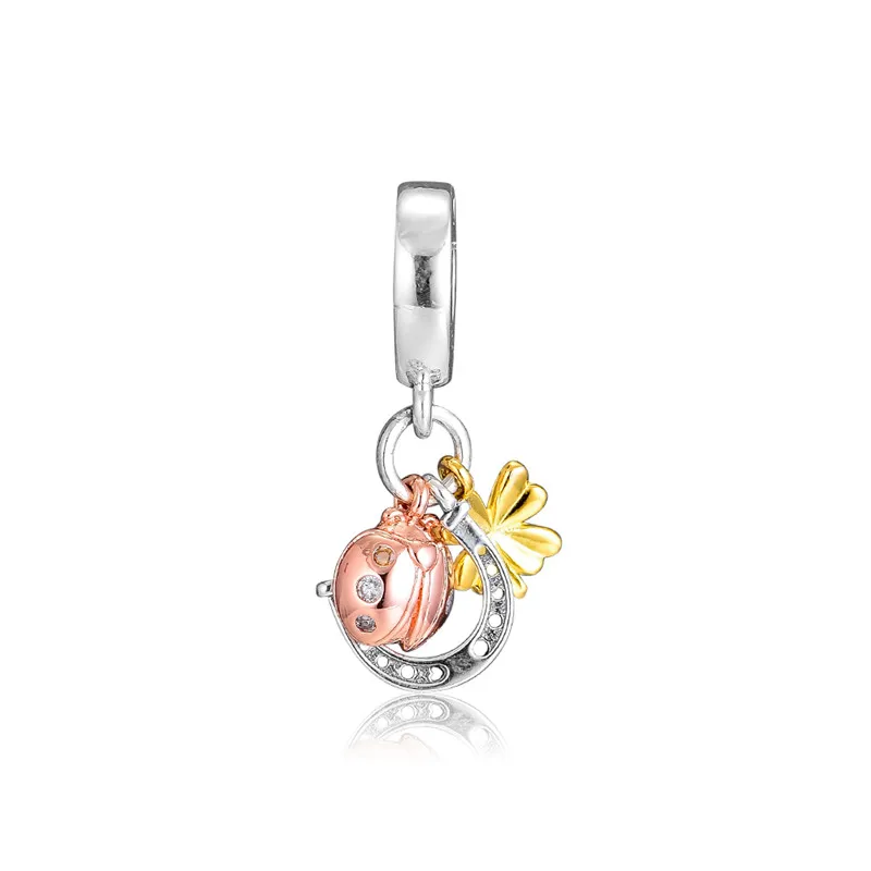 

Silver Horseshoe Golden Shine Clover & Rose Golden Ladybird Set Spring Charms for Chain Bracelets Sterling Silver Jewelry DIY