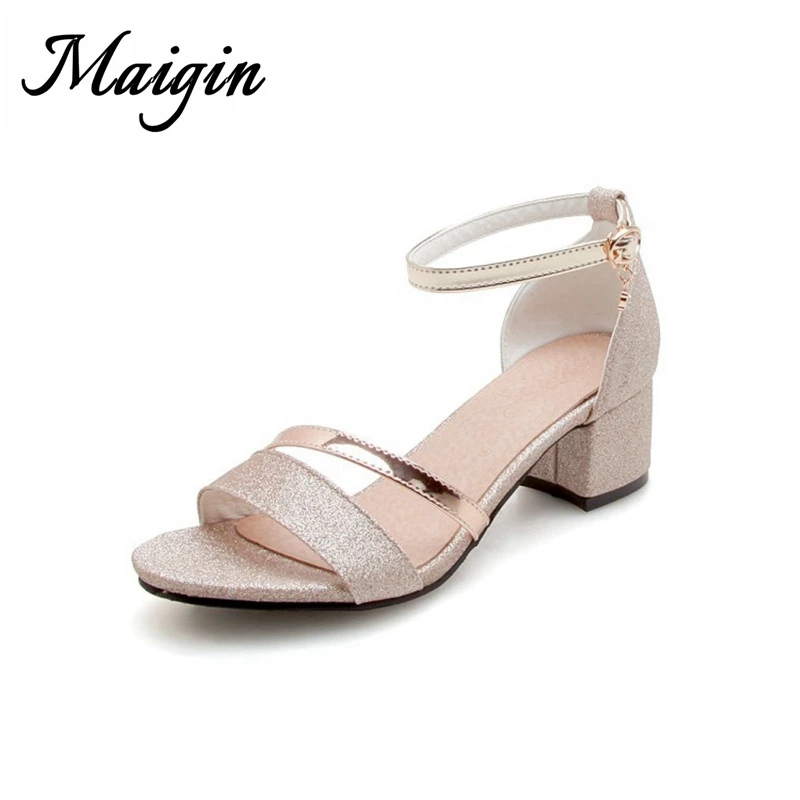 Maigin Bling Summer Sandals Women 2018 Golden Open Toe Hgih Heels Ladies Shoes Thick Heel Buckle Strap Female Casual Shoes