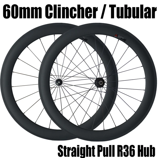 Cheap 60mm Clincher Tubular Carbon Straight Pull Wheels Road Bicycle Bike Carbon Wheelset Powerway R36 Hubs 8 9 10 11 speed Wheelset