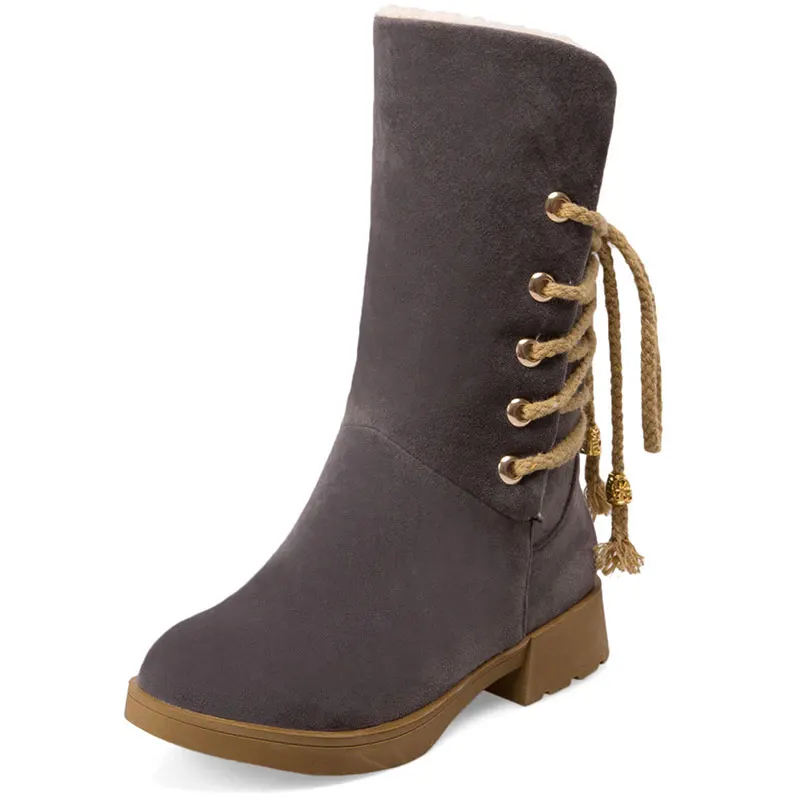 

size 33-43 T2447 Unique design Xi shi velvet Pure color After the lace-up Round head Nubuck leather Women Mid-calf Boots