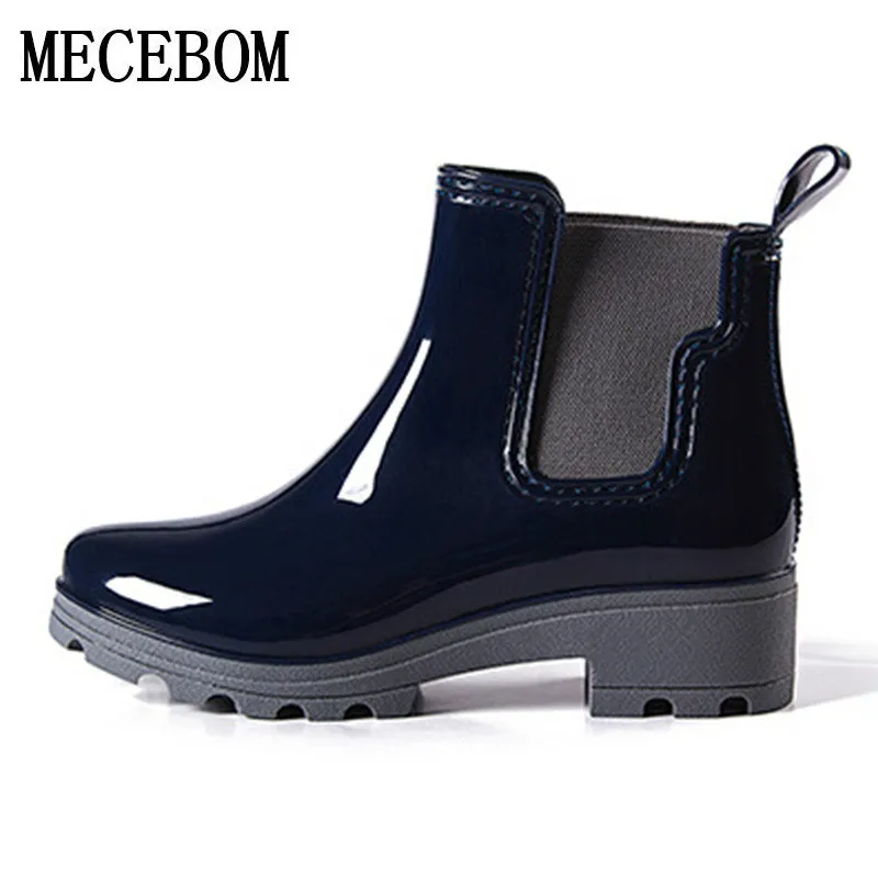 Achat 2018 Plate Forme Bottes De Pluie Dames Bottines En Caoutchouc Talons Bas Femmes Bottes À Enfiler Chaussures Femme Grande Taille 36 40 R039W