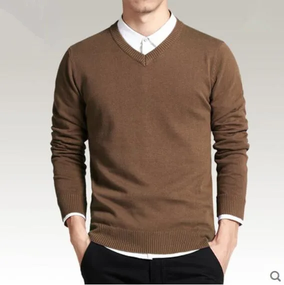 Мужской модный Повседневный тонкий свитер мужской весенне-осенний тонкий свитер с v-образным вырезом мужской пуловер Свитера Мужская одежда сплошной цвет - Цвет: coffee