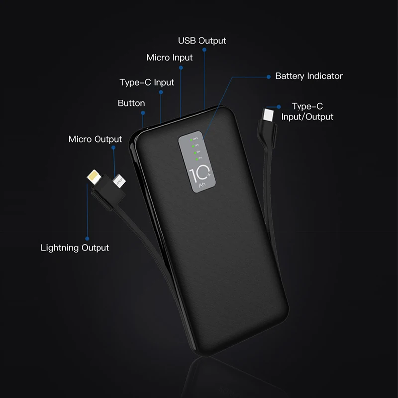 Cager 10000mAh power Bank 3A с кабелем внешняя батарея для iphone samsung usb type C вход с зарядным кабелем power bank