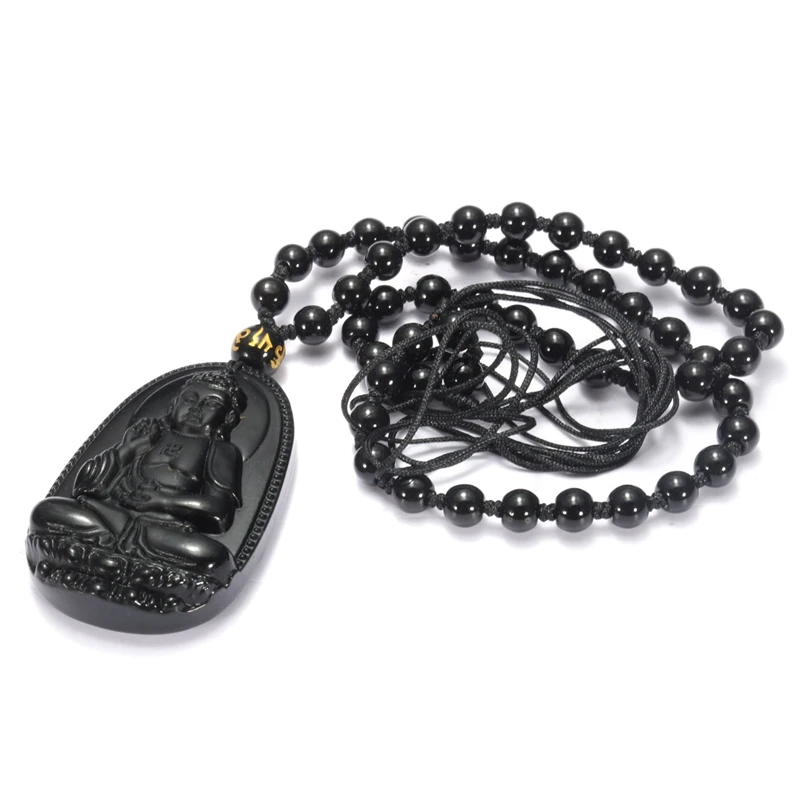 

KiWarm Black Obsidian Carved Amitabha Buddha Amulet Pendant With Beads Necklace Pendant Gemstone Fengshui Crafts Collection Gift