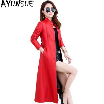 

AYUNSUE Faux Sheep Leather Jacket Long Coat Women Fall Red Leather Jackets and Coats Women's Windbreaker Jaqueta De Couro KJ591