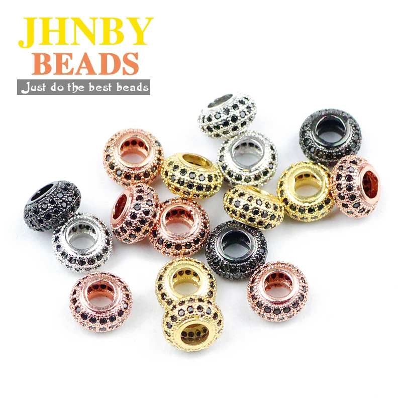 

JHNBY 2pcs Copper Coin Spacer beads 8mm flat Round Black zircon Pave CZ Charms metal Loose beads for Jewelry bracelet making DIY