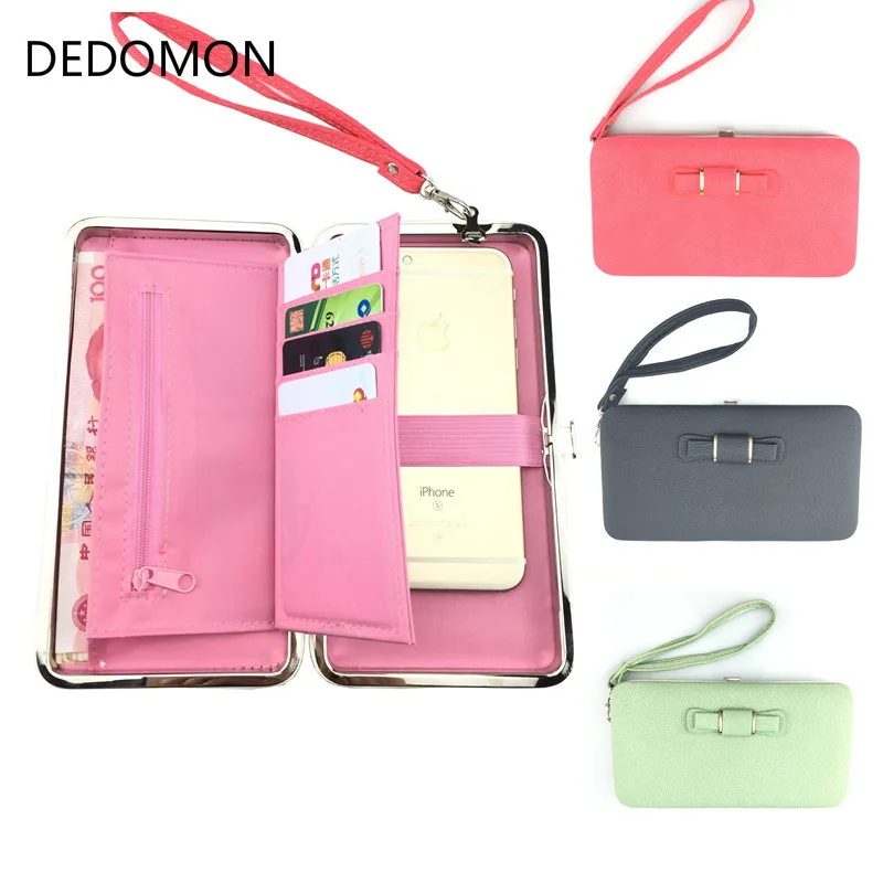 

2018 Bow-tie Long Solid Wallet Women Luxury Brand Cellphone Pocket Gift For Female Purse Bag With Loop Large Capacity Day Clutch