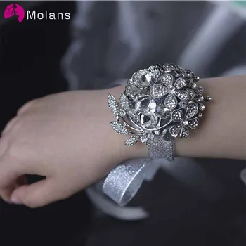 

MOLANS Retro Silver Alloy Flower Corsages for Bridal Wedding Accessories Inlaid Full Drill Silk Ribbon Bridesmaids Hand Flower