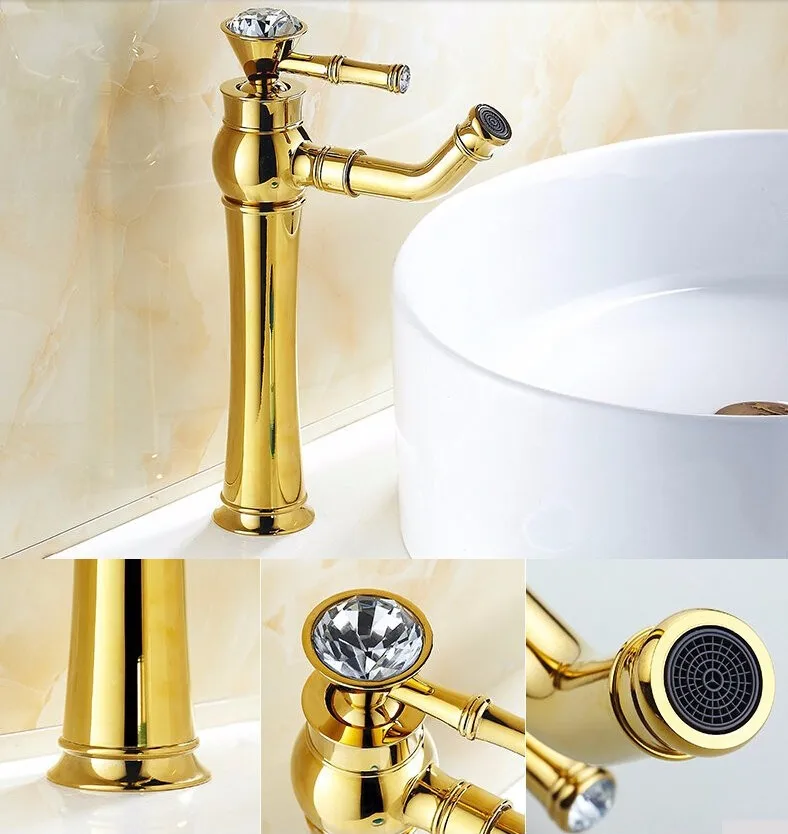 Кристалл Алмазная ручка Золотая отделка Смеситель для ванной комнаты поворотный Sout роскошный модный сосуд Раковина золотой кран ZR422