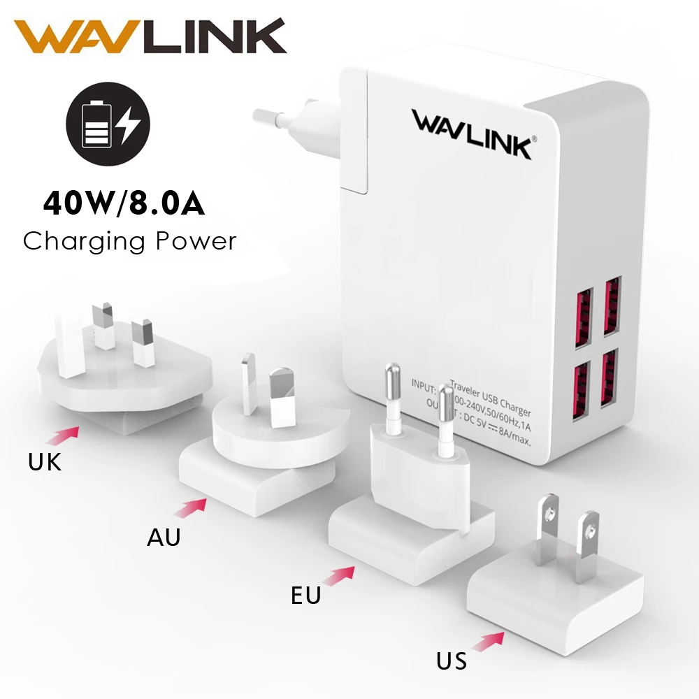 Универсальное USB зарядное устройство Wavlink 2/4 40 Вт 5 В 8 А со сменной вилкой
