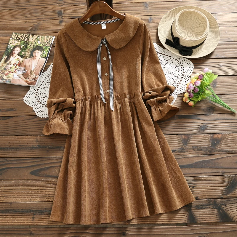 

Autumn Winter Corduroy Dress 2018 New Women Long Sleeve Peter Pan Collar Loose Vintage Dresses Mori Girl Vestidos Khaki,Pink