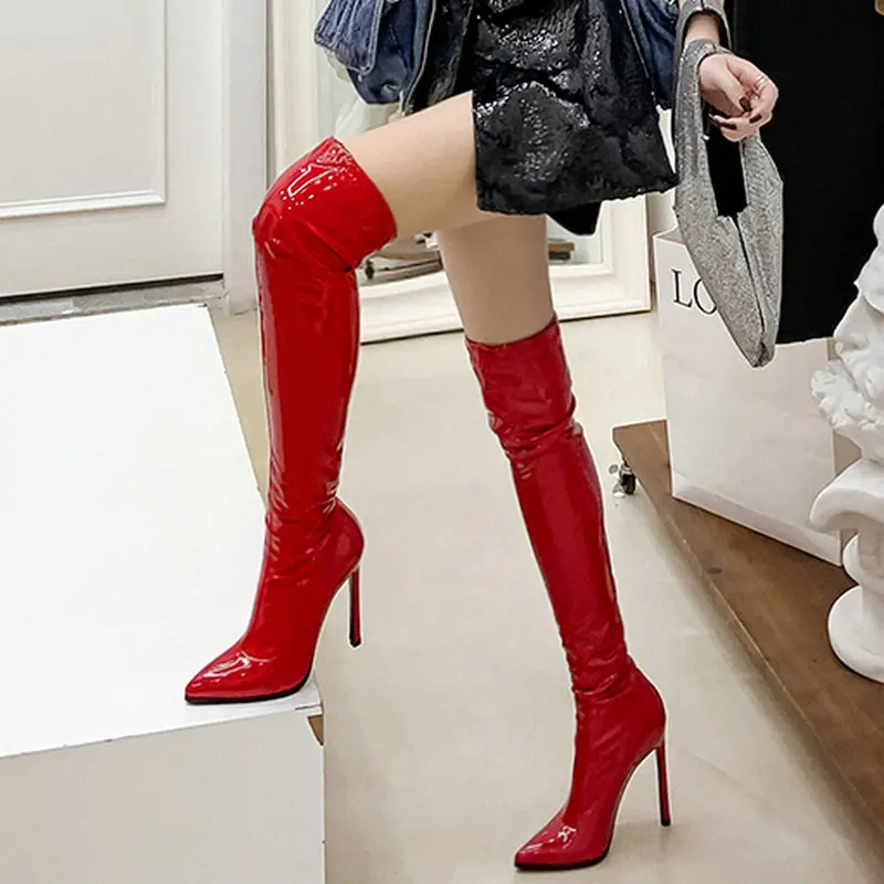 Sexy Stretch Patent Leather Over the Knee Boots Womens Extreme Thigh ...