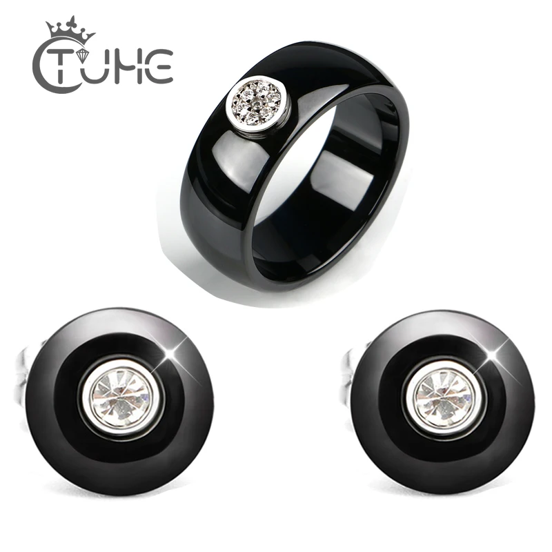 Набор ювелирных изделий черно-белые серьги и кольцо Круглый набор керамическое