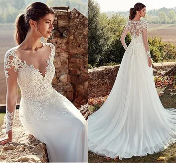 

New High Quality Scoop A-line Wedding Dresses 2020 With Illusion Back Lace Appliques Long Sleeves Bridal Dress vestido de noch