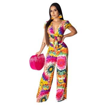 

V Neck Knot Front Tie Dye Casual Jumpsuit Spring Solid High Waist Maxi Wide Leg Jumpsuits